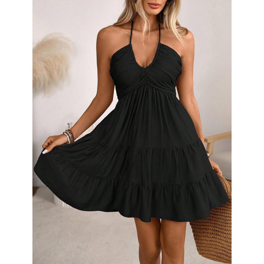 Women's Strapless V-Neck Ruffle Patchwork  Sexy Off-Shoulder Dress