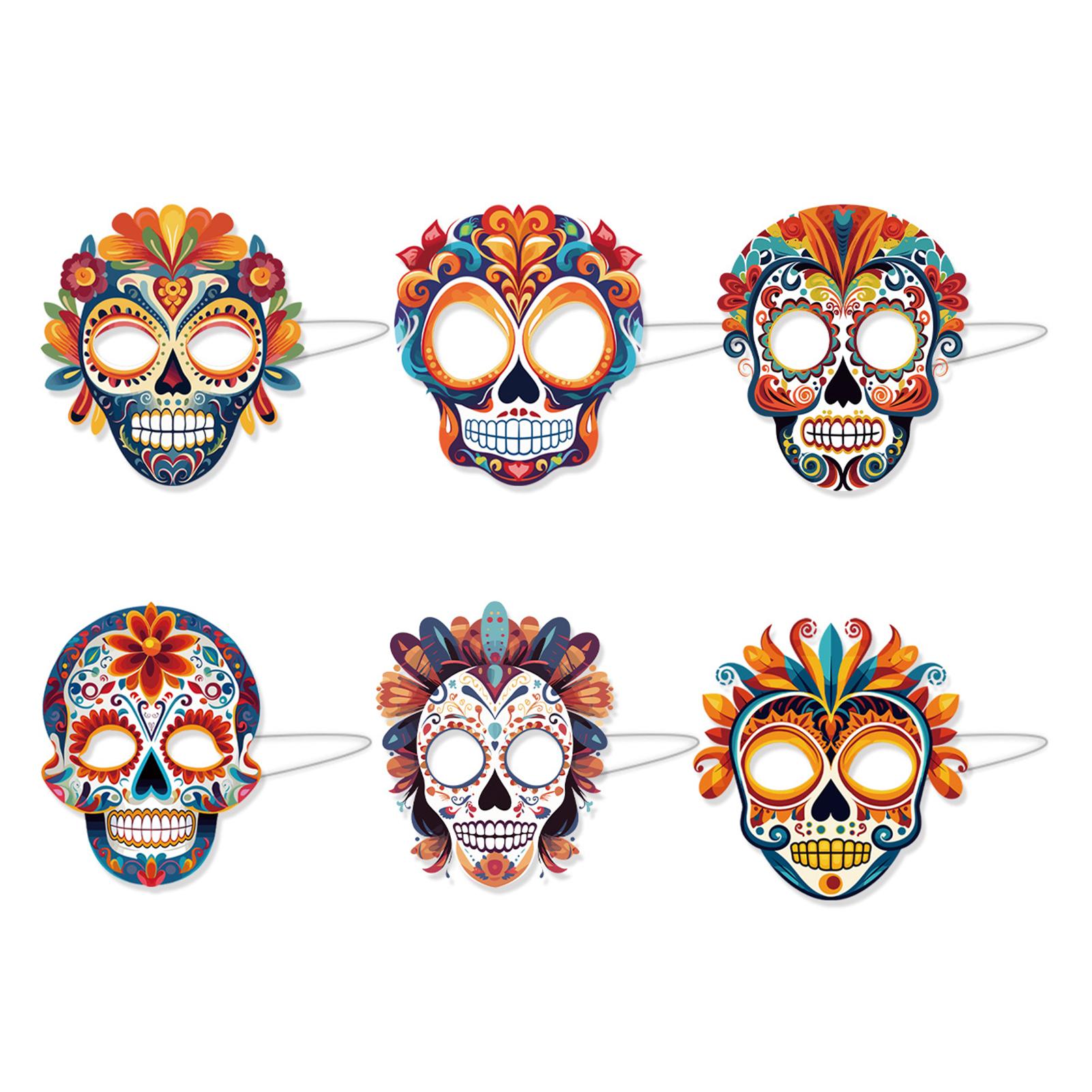 

6PCS Mexican Holiday Paper Mask Sugars Skulls Paper Mask Full Face Mask with Elastic String Traditional Party Cosplay Prop Mask
