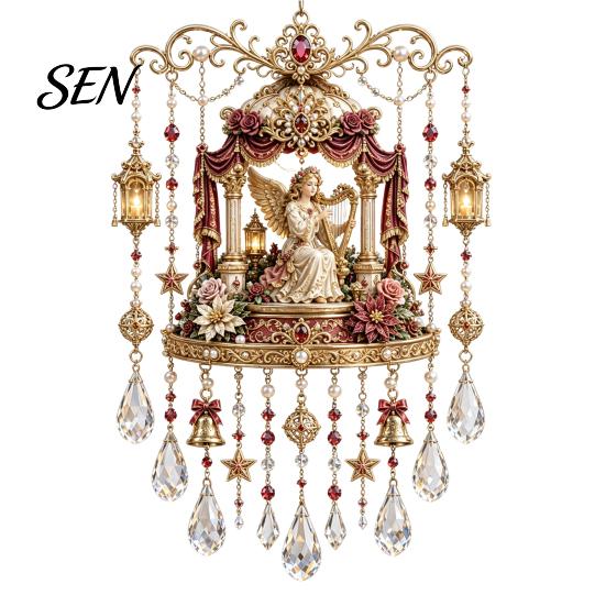 Vintage Christmas Train Pendant Wind Chime with Crystal Bead Chain, Cat Car/Owl Xmas Tree Hanging Decor Pattern Design, Retro Ornament for Home Garden