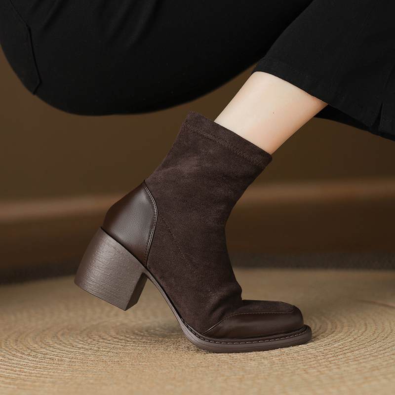 Krazing Po Microfiber Winter Round Toe Size 33 Chelsea Boots Size 43 Zipper Thick High Heels Patch Work Ankle Boots