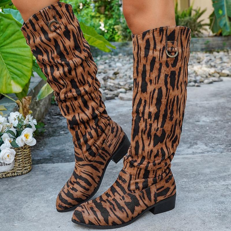 

Fashion Leopard Suede High Boots Women s Fashion Round Toe Metal Buckle Sleeve Soft Sole Anti-Slip Wear-Resistant Block Heel Boots 35 цветной печати леопарда