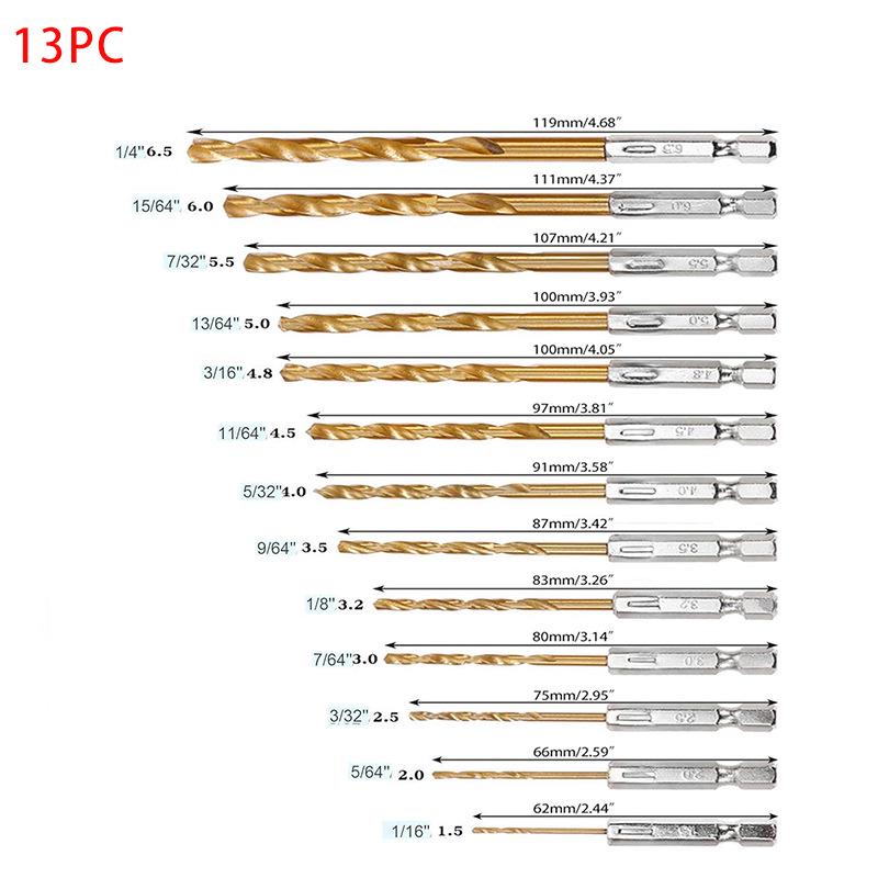 

13-Piece Titanium-Plated High-Speed Steel Spiral Drill Bit Set, 1.5-6.5mm, Hex Shank