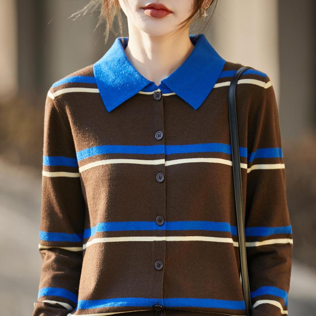 Women's Retro Color Block Striped Polo Knit Cardigan - Long Sleeve, Soft Fluffy Sweater Coat, Age-Reducing Knitwear