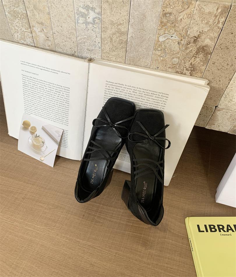 French single shoes women's thick heels are beautiful and not tired, high heels ballet shoes retro bow Mary Jane shoes black