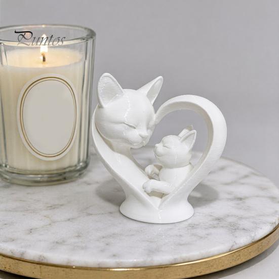Cute Cat Home Decoration Mother Baby Figurine, 3D Printed Heart Sculpture for Desk Decor, Smooth Surface Statue Modern Art Living Room Study,