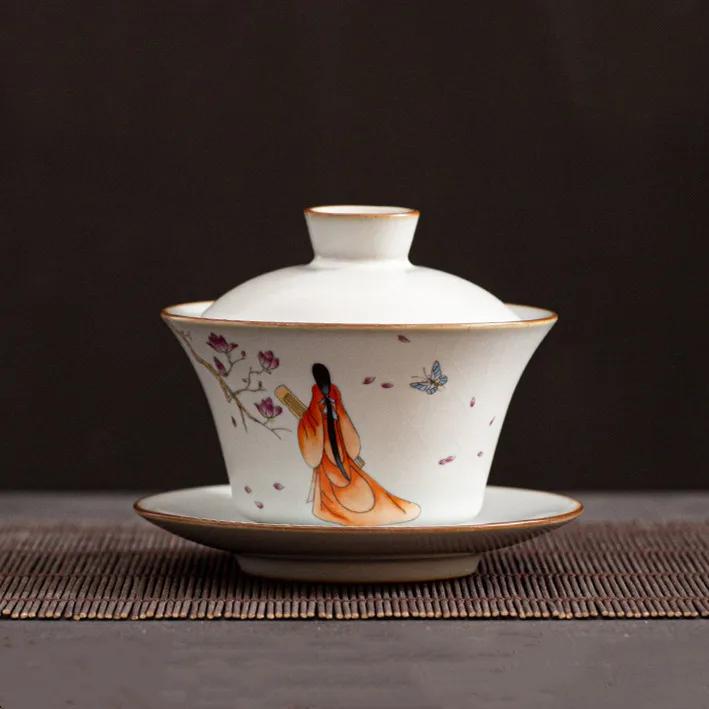 Chinesische Ru-Ofen Keramik Gaiwan Reise-Teeschale Haushalt Handgefertigte Teegeschirr-Zubehör Trinkgeschirr Tragbar Persönliche Teetasse 150ml
