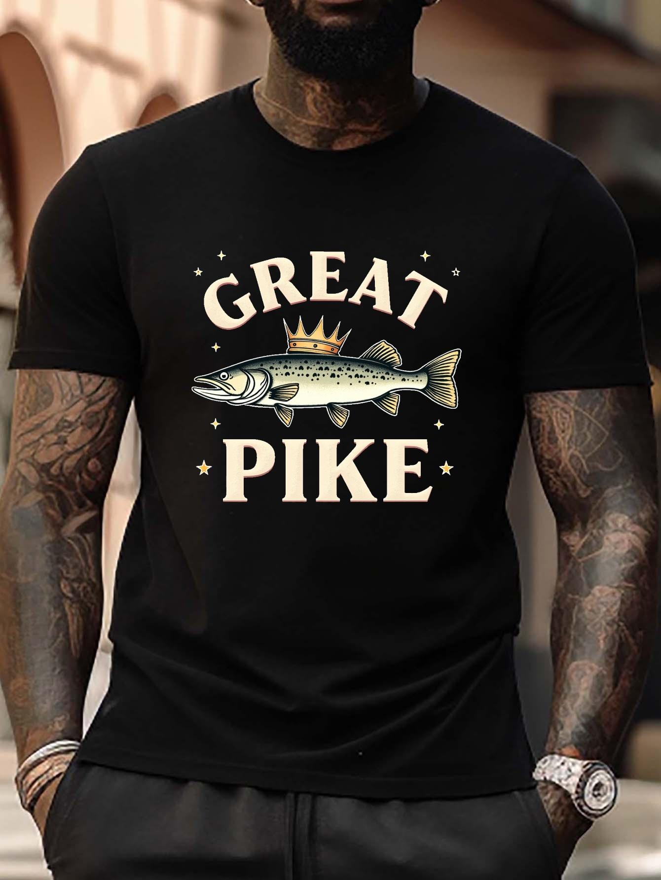 Plus Size Great Pike Graphic T-shirt - Casual Black Tee with Crowned Fish Design S