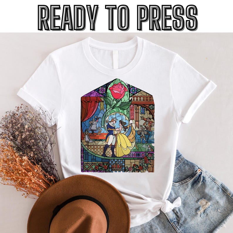 Disney Beauty & The Beast Stained Glass Rose Graphic Retro Dtf, Belle Beast Dtf, Magic Kingdom Disneyland Family Vacation,Ready to press 160