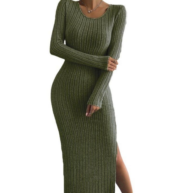 Fall and Winter Women's Plus Size Long Sleeve Round Neck Split Knit Long Dress