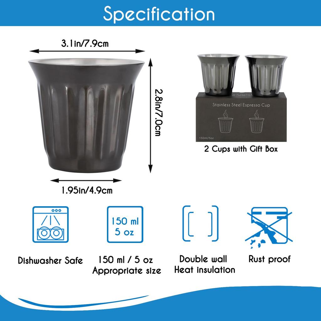 Easyworkz Espresso Stainless Double Wall Vertical Striped For Both Hot and Cold 150ml of Gunmetal Cup, Steel, Insulated, Design, Use, "Set 2"