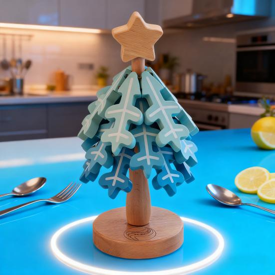 Wooden Christmas Tree Trivets for Hot Dishes Foldable Coasters Pot Holders Heat Resistant Silicone Table Protector Creative Gift for Home Kitchen