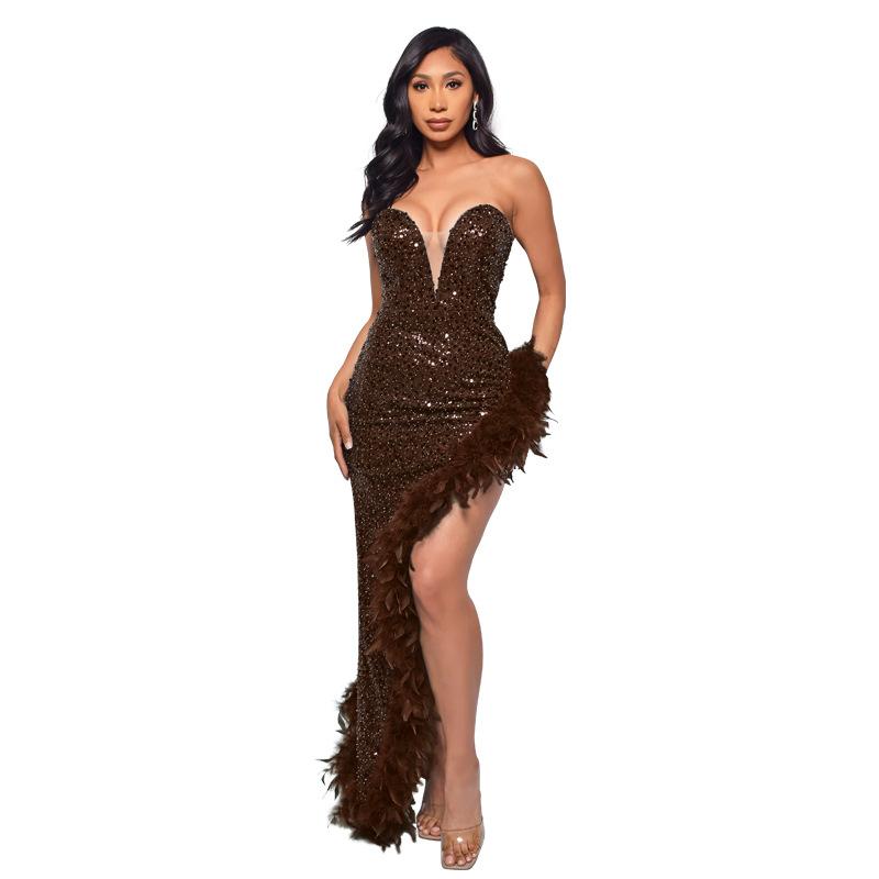 Women's Dress Long Haute Couture Strapless Backless Sequin Dress Feather Patchwork Gown
