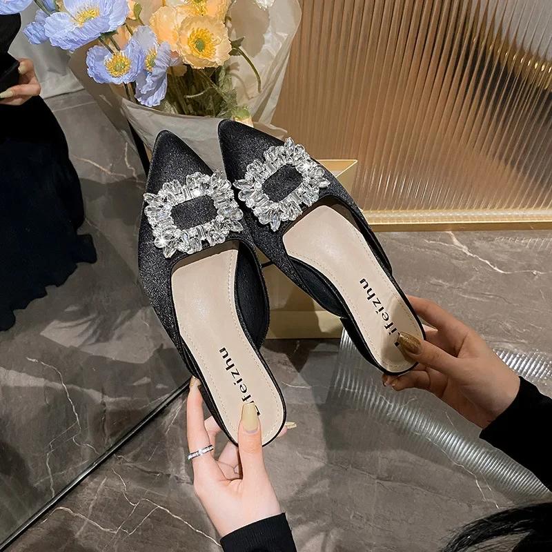 Summer New Women Shoes Rhinestone Slipper Fashion Outdoor Pointed Toe Casual Sandals Girl Heels Mules Shoes