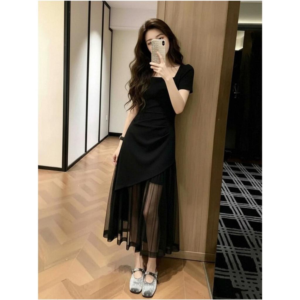 Summer New Korean Version Temperament Square Collar Thin Mesh Splicing Dress for Women, Especially Beautiful Waist Pinching Small Skirt for Women