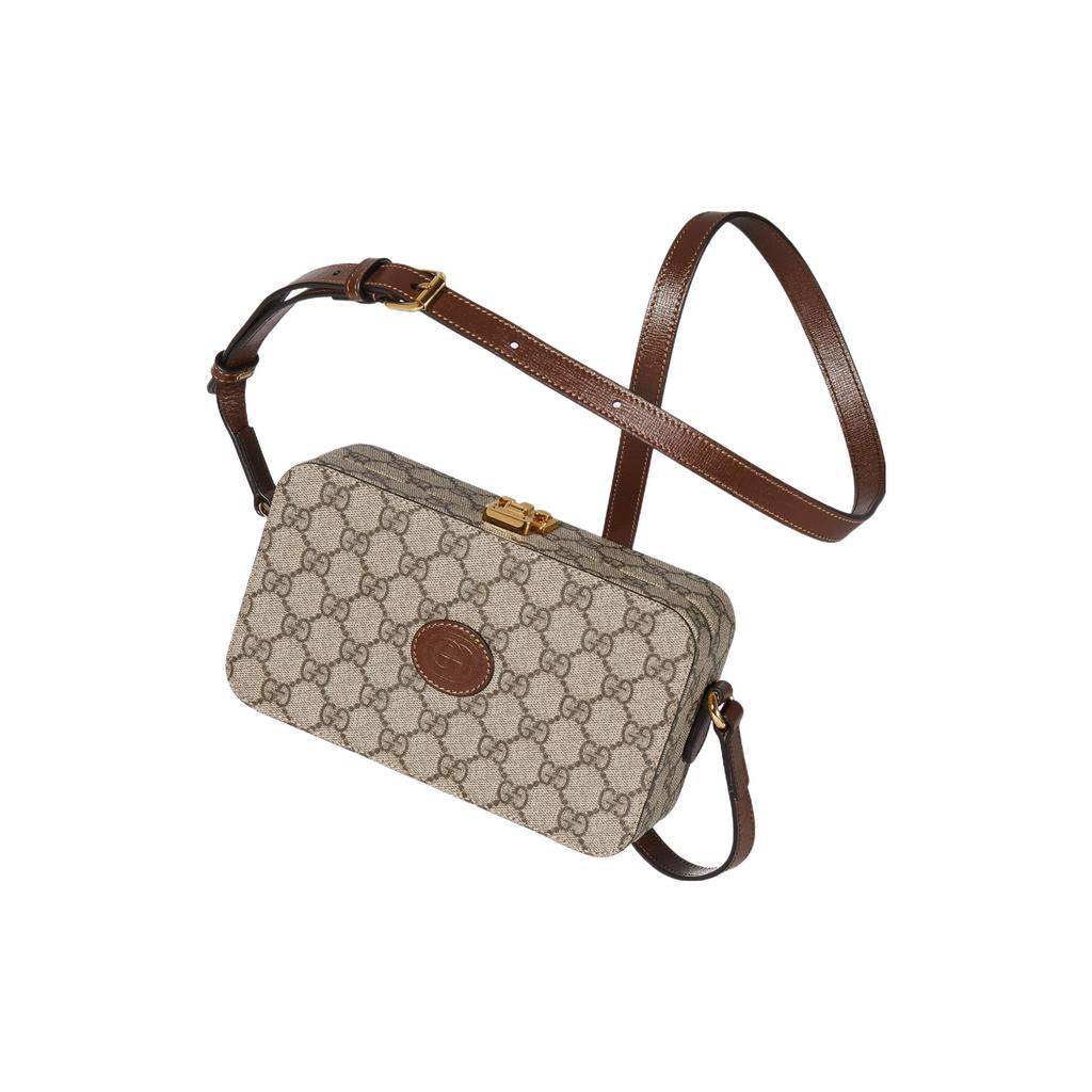 Gucci Oval Double G Leather Tag Canvas Mini Shoulder Crossbody Bag Women Handbags Beige Ebony 723129-92TCG-8563