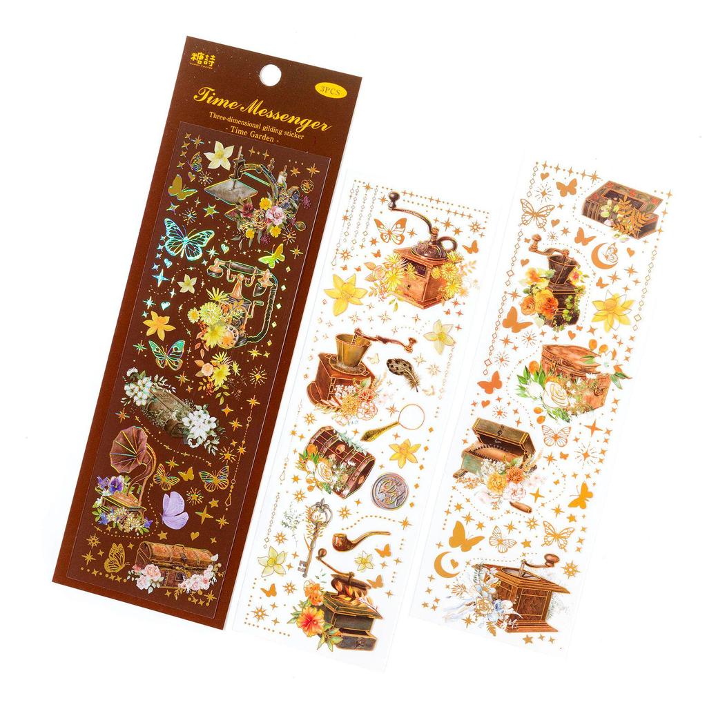 3D Gold Stamping Stickers - Retro Time Garden Series for Journals and DIY Projects (4 Types)