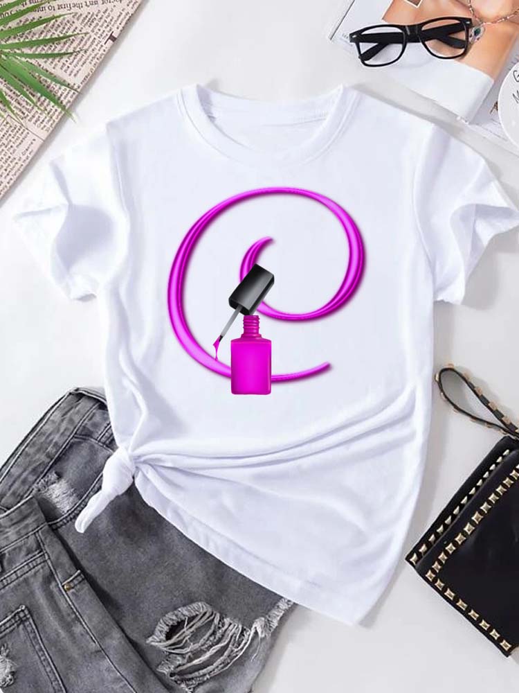 Maycaur Custom Name Letter Combination Fashion Women T-shirt Nail Polish Letter Font A B C D E F G Short Sleeve Tops Female Tees