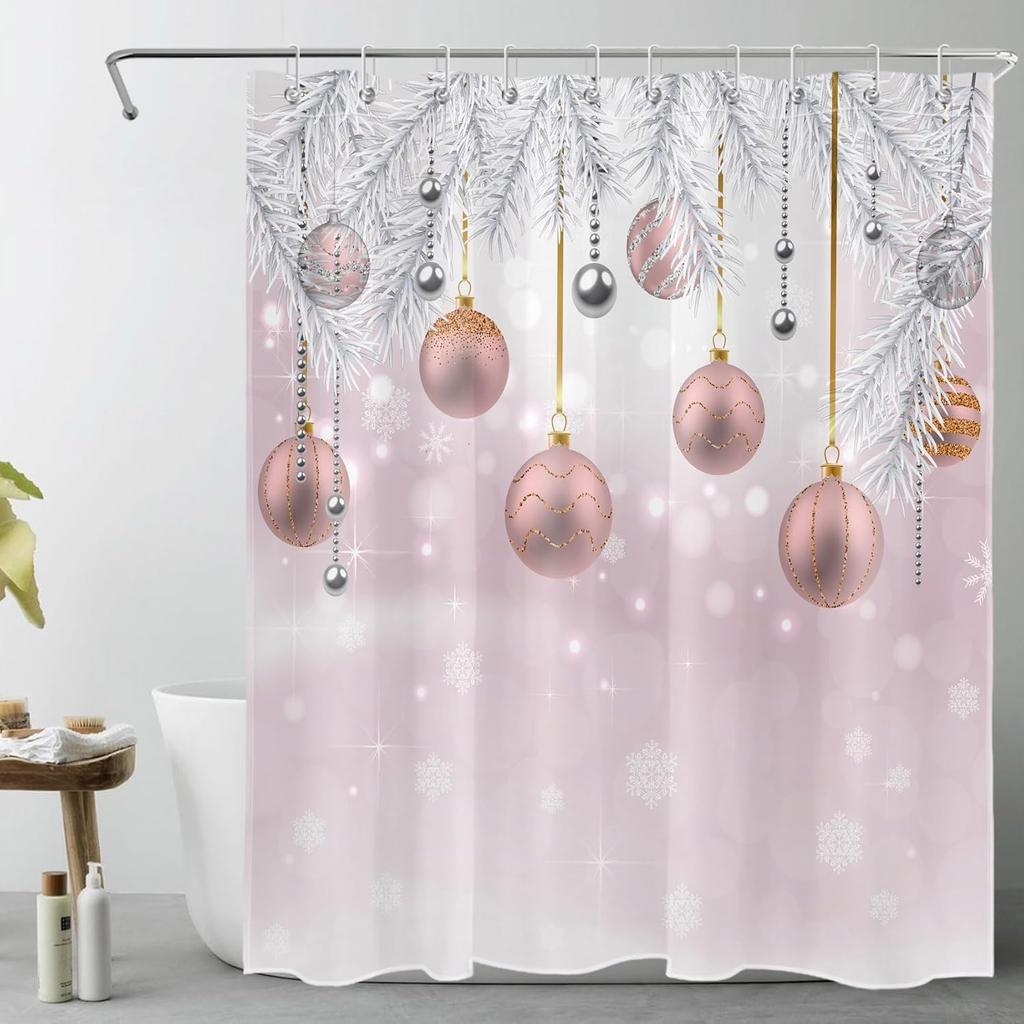 Christmas Shower Curtain for Bathroom,Xmas Pine Tree Forest and White Snowflake on Pink Shower Curtain with Hooks WinterBathroom
