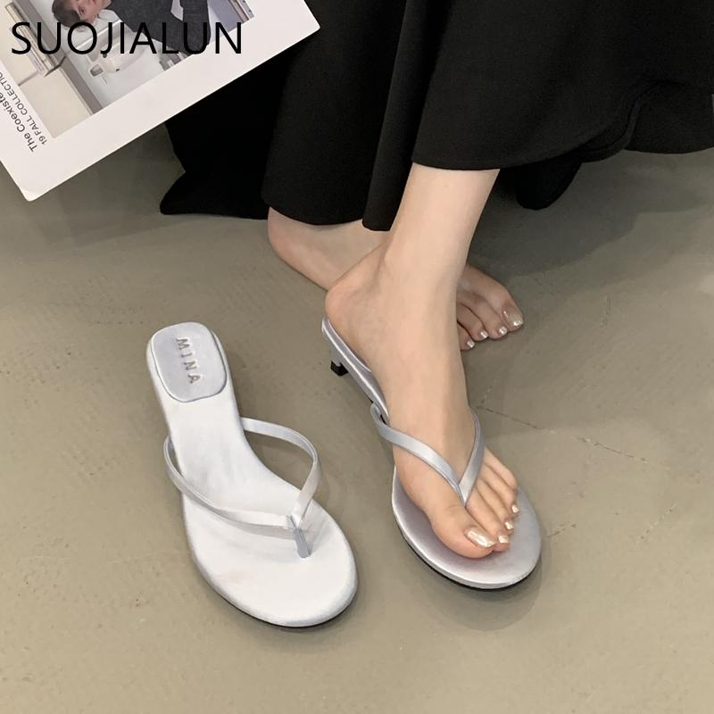 Fashion SUOJIALUN 2025 Summer New Brand Slipper Fashion Narrow Band Slip On Flip Flop Shoes Thin Low Heel Outdoor Dress Sandal Slides Sh