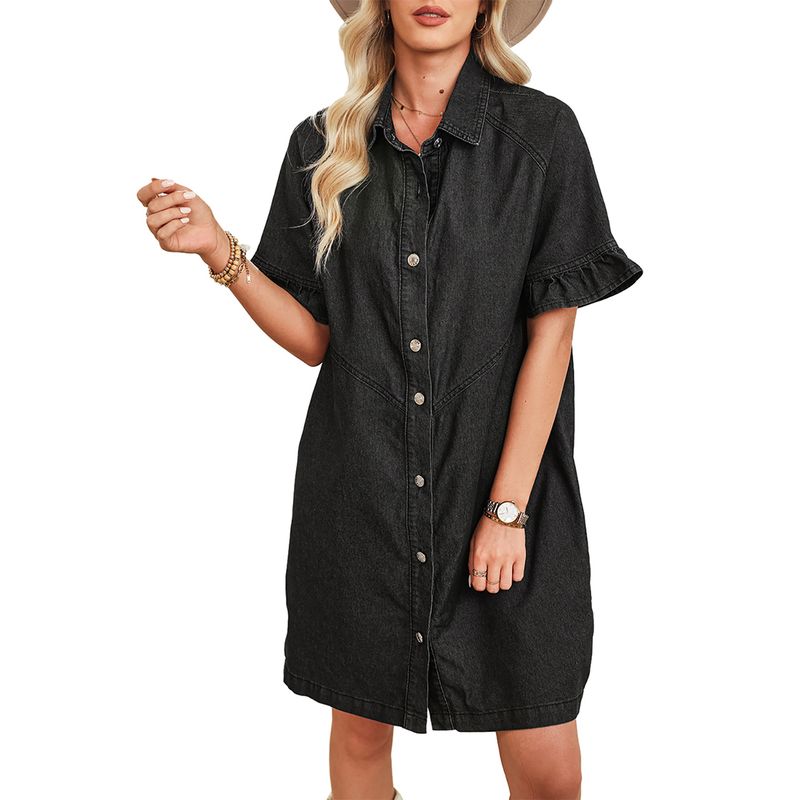 

American Shiying Trendy Washed Distressed Demin dress Women 2025 Summer New Single Breasted Short dress Women Black Size S fit (45.00 kg-55.00 kg