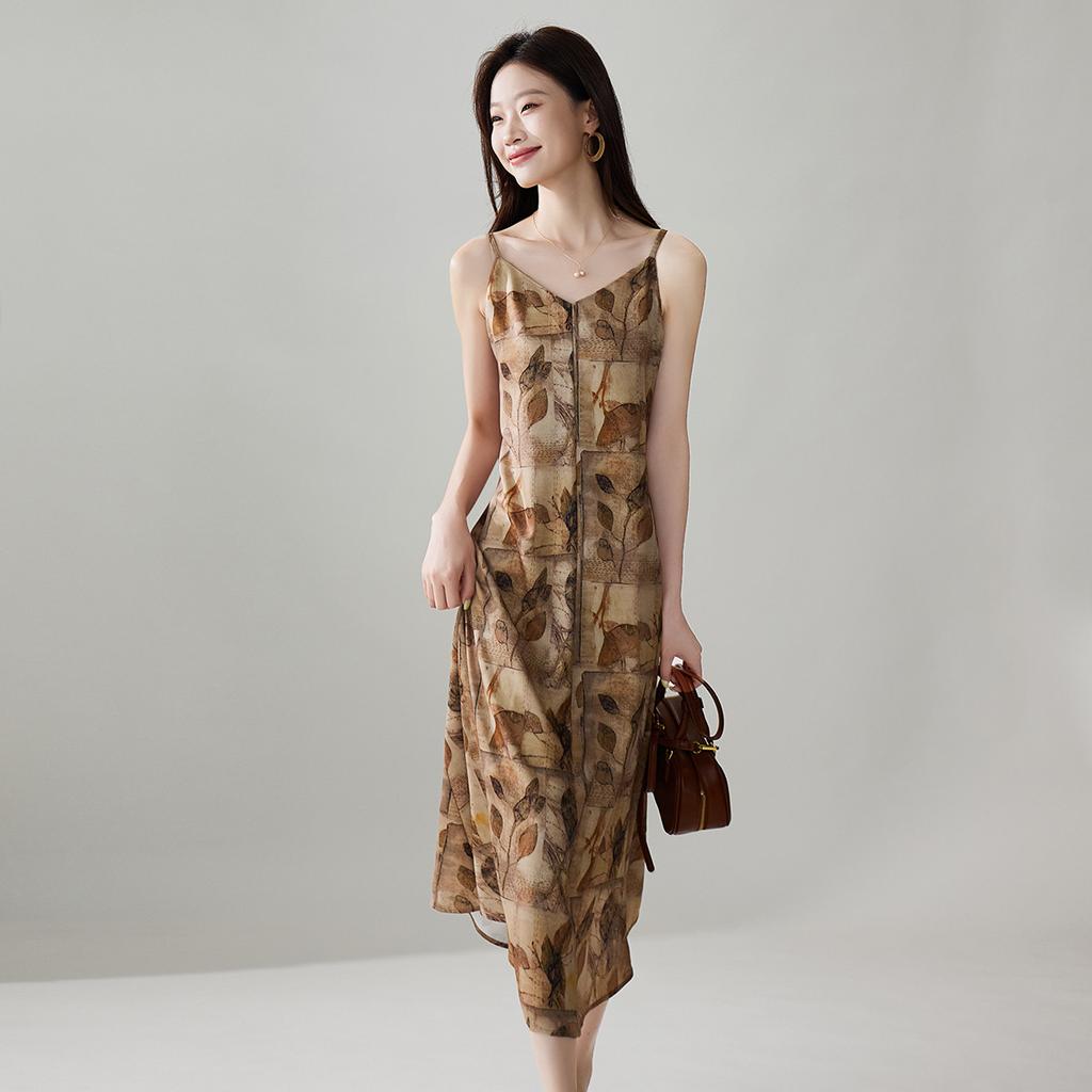 Design Inspired Printed Camisole Dress 2025 Autumn Fashion Versatile Slimming Mid Length Dress