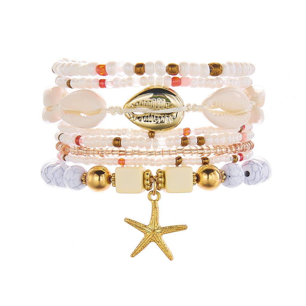 

Bohemian Resort Style Shell Beaded Weaving Bracelet Set For Women Beach Style Starfish Rice Beads Bangle Party Vacation Zircon