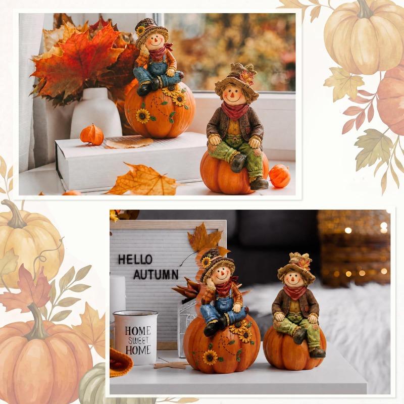 2 Herbst Vogelscheuche Holz Tischdekorationen für Thanksgiving, Kürbis Ahornblatt Esstisch, Kamin Bücherregal Dekoration