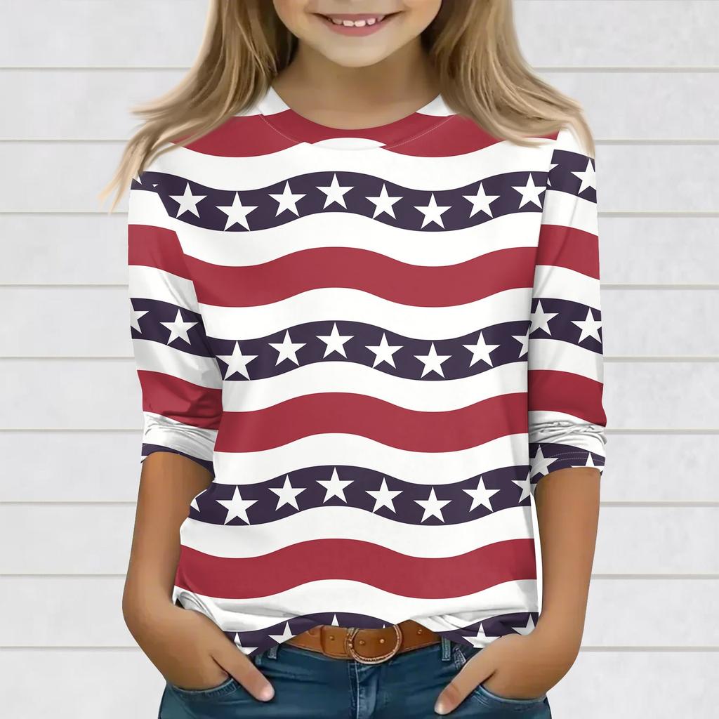 Print Tops For Youth Girls 3-10 Years Round Neck 3/4 Sleeves T-Shirts Trendy Tops Outfit Tees