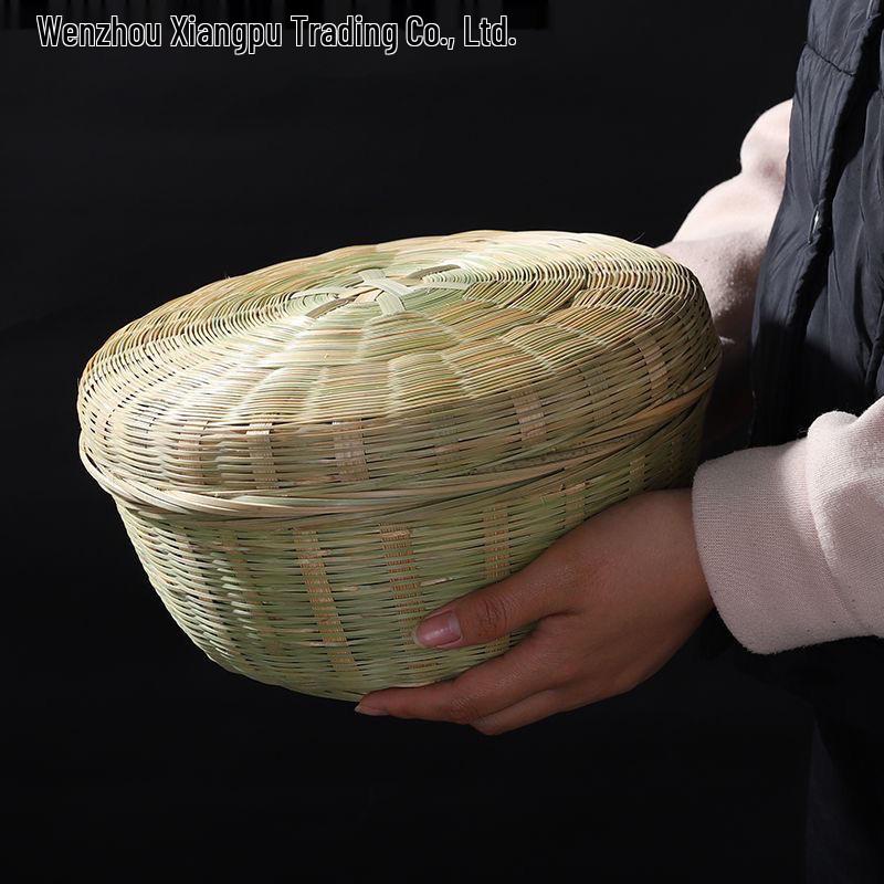 Bamboo Woven Pumpkin Basket with Lid for Tea, Snacks, and Egg Storage