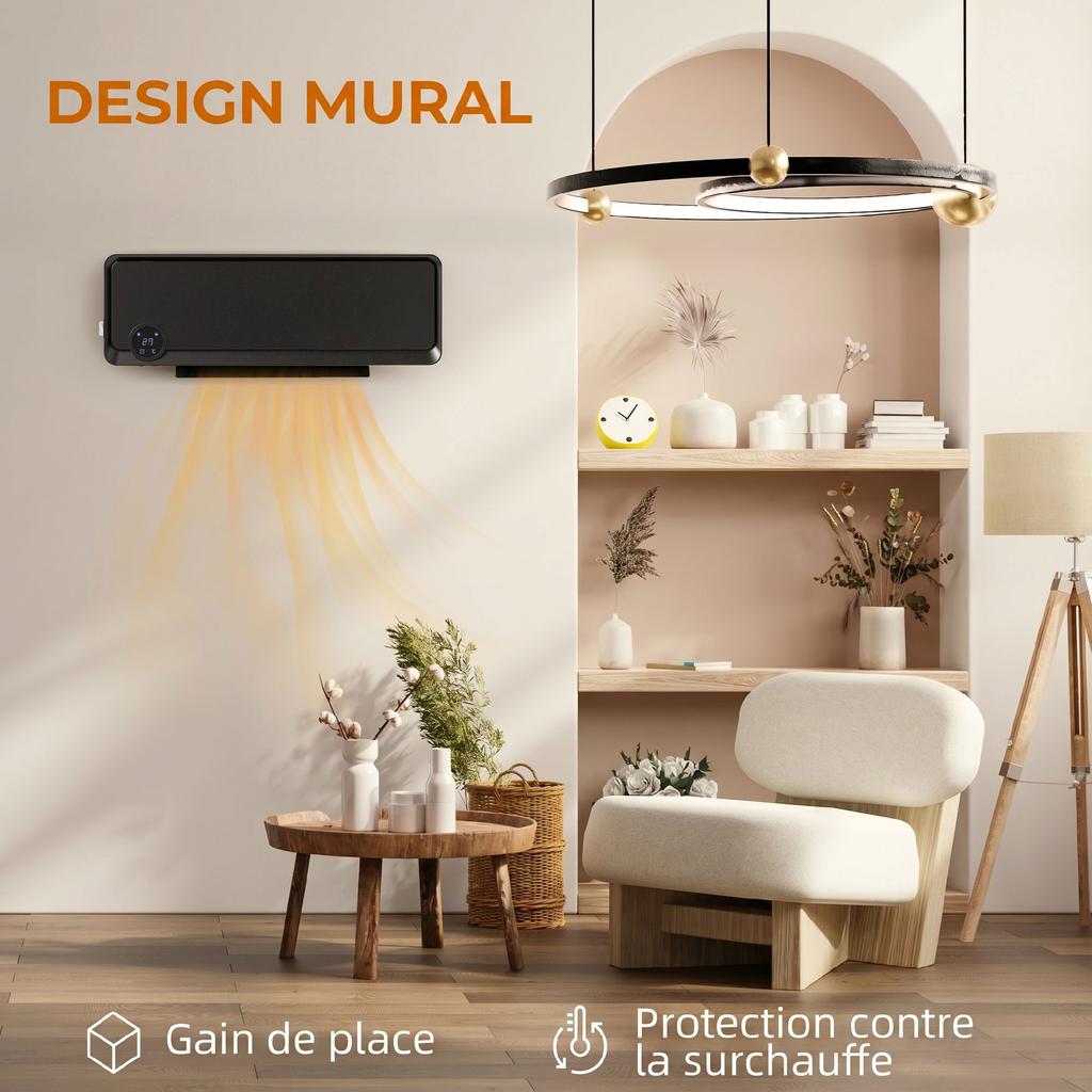 Wall-Mounted Fan Heater, Oscillating 2000 W, PTC Ceramic, 3 Power Levels, 56 x 11.7 x 18.5 cm, Black