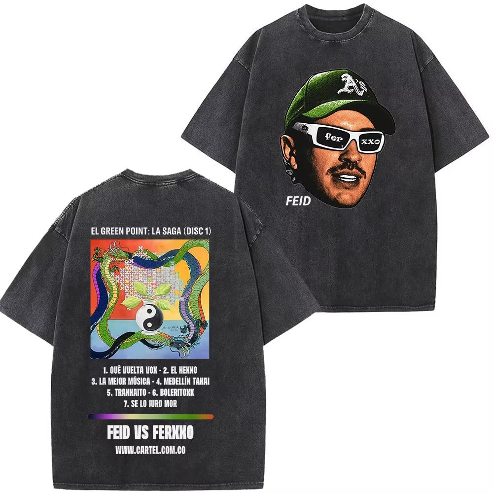 Summer Hot Sale Rapper Feid Ferxxo Tour 2026 Print Vintage Washed Tees Men Women Fashion T-shirts Hip Hop Streetwear Gothic Cotton Oversized T-shirt
