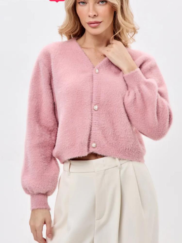 Autumn sophisticated soft V-neck mink fleece short knit cardigan for women, versatile lazy sweater jacket