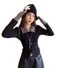 Striped Stitching Fashionable Lapel T-shirt for Women Autumn New Slim Long-sleeved Top