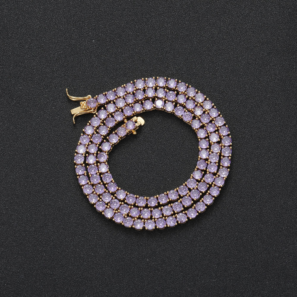 4mm Tennis Chain Purple Pink Yellow Chain Micro-set Zircon Single Row Chain Hip Hop Necklace Women Exquisite Gifts
