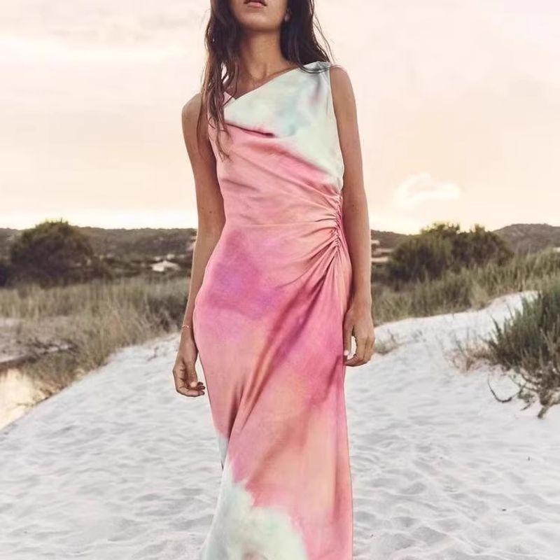 Spring New Arrival Elegant Elegance Draped Collar Ruched Decorative Tie-Dye Print Midi Skirt Dress 3031210