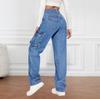 2024 American Retro Women's Mid-Waist Cargo Denim Pants - Casual Straight Leg with Multi-Pockets.