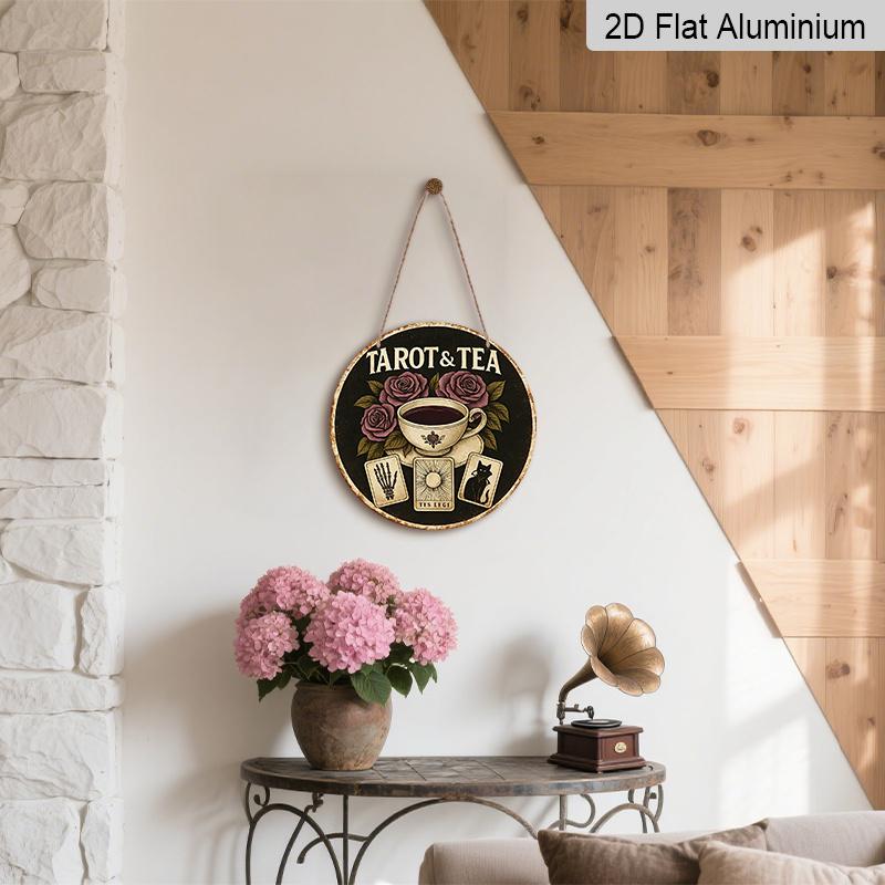 2D Flat, 1pc Round Vintage & Tea Metal Wall Art Sign - 7.87 Inch Aluminum Decor with Roses, Cups, and Symbols, Rustic Black Backgfor Home, Cafe, Bar