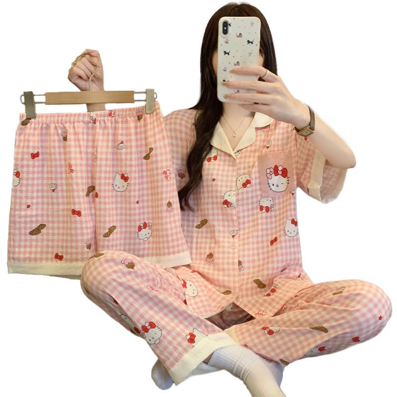 Cloud Cotton Pajamas Women'S Summer Sweet Girl Soft Short-Sleeved Three-Piece High-Value Cartoon Loungewear