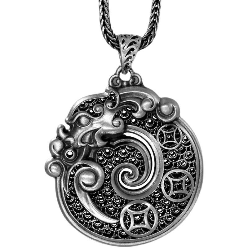 Sterling Silver Dragon Zodiac Peace Pendant: Dragon & Tiger Design with Hand-Woven Silk - Chinese Trend Pure Silver Jewelry