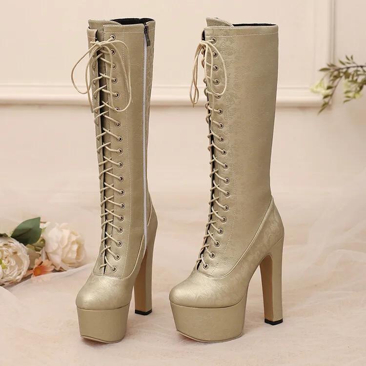 Móda Nové Potištěné Křížové Pásky Černé Bílé Kozačky nad Koleno Evropské Americké Dámské Vodotěsné Platformové Kozačky na Vysokém Podpatku 15cm 47