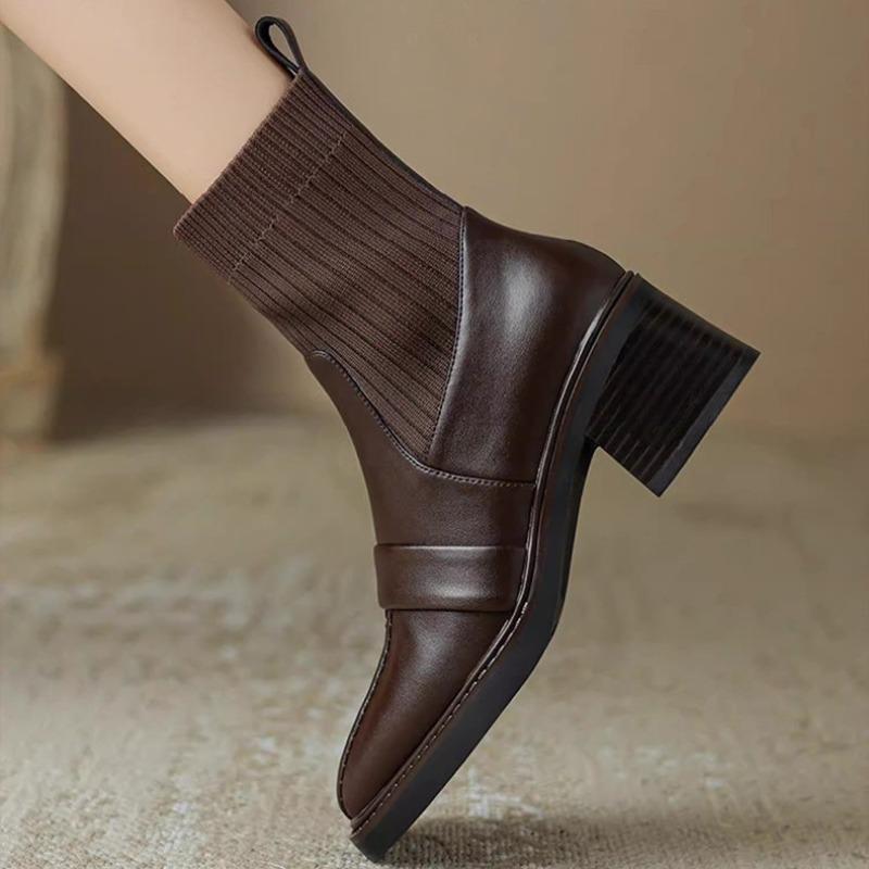 Retro Knitted Tube Thick Heel Short Boots Women's Autumn and Winter New Square Head Soft Leather Thin Boots High Heel Elastic Socks Boots
