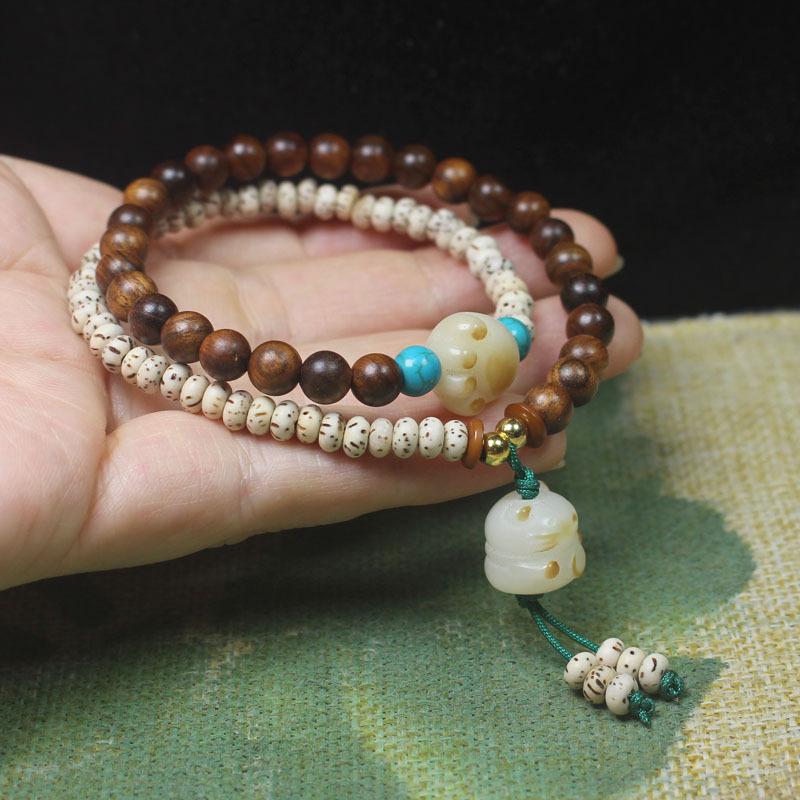 Black Rosewood 6mm & Star Moon Bodhi Double Layer Bracelet with Cat Pendant, Forest Style Jewelry for Women