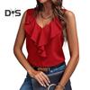 Women Vest Solid Color V-Neck Ruffle Trim Sleeveless Blouse Loose Fit Summer Pullover Tops Daily Wear