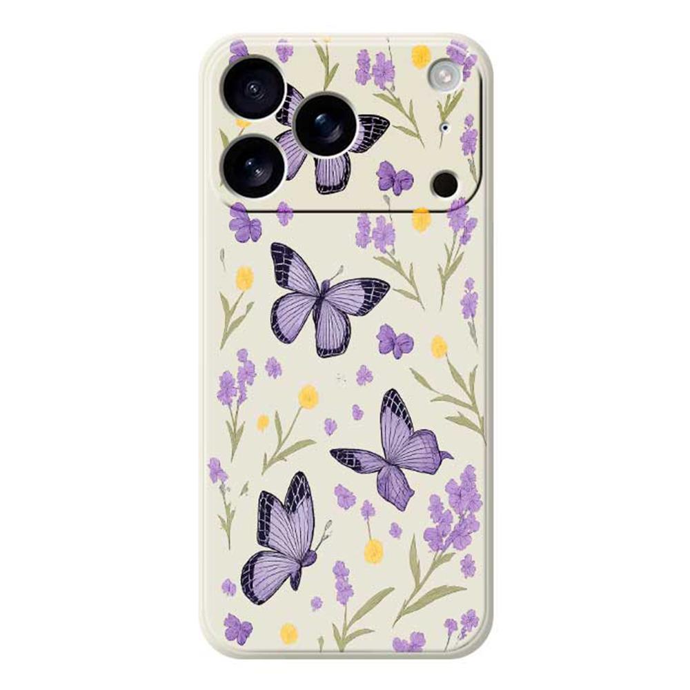 

For iPhone 17 Pro Max Case Purple Butterflies Pattern Printing Straight Edge TPU Phone Back Cover Beige