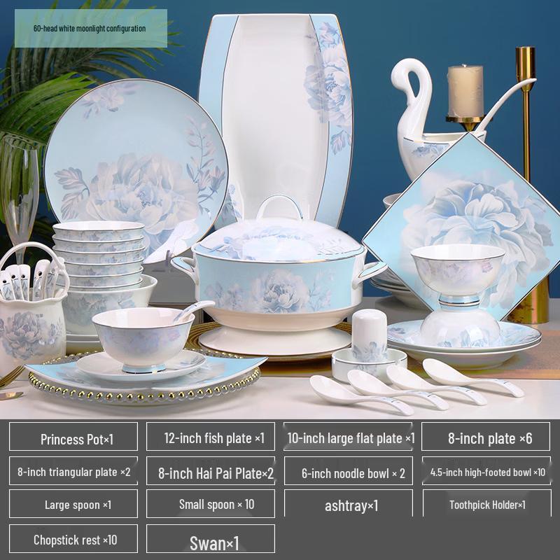 Zhi Shi 60-Piece White Moonlight European Bone China Dinnerware Set