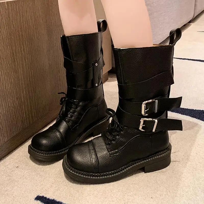 Fashion Brand Designe Metal Belt Buckle Mid Calf Boots Women 2025 Punk Medium Heel Western Cowboy Boots Fashion Winter Shoes Women