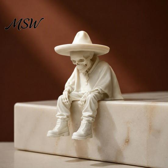 Spooky Aesthetic Office Ornaments 3D Printed Sitting Skeleton Shelf Sitter Figurine, Gothic Hat Desktop Figurines Ornament, Trendy Home Table