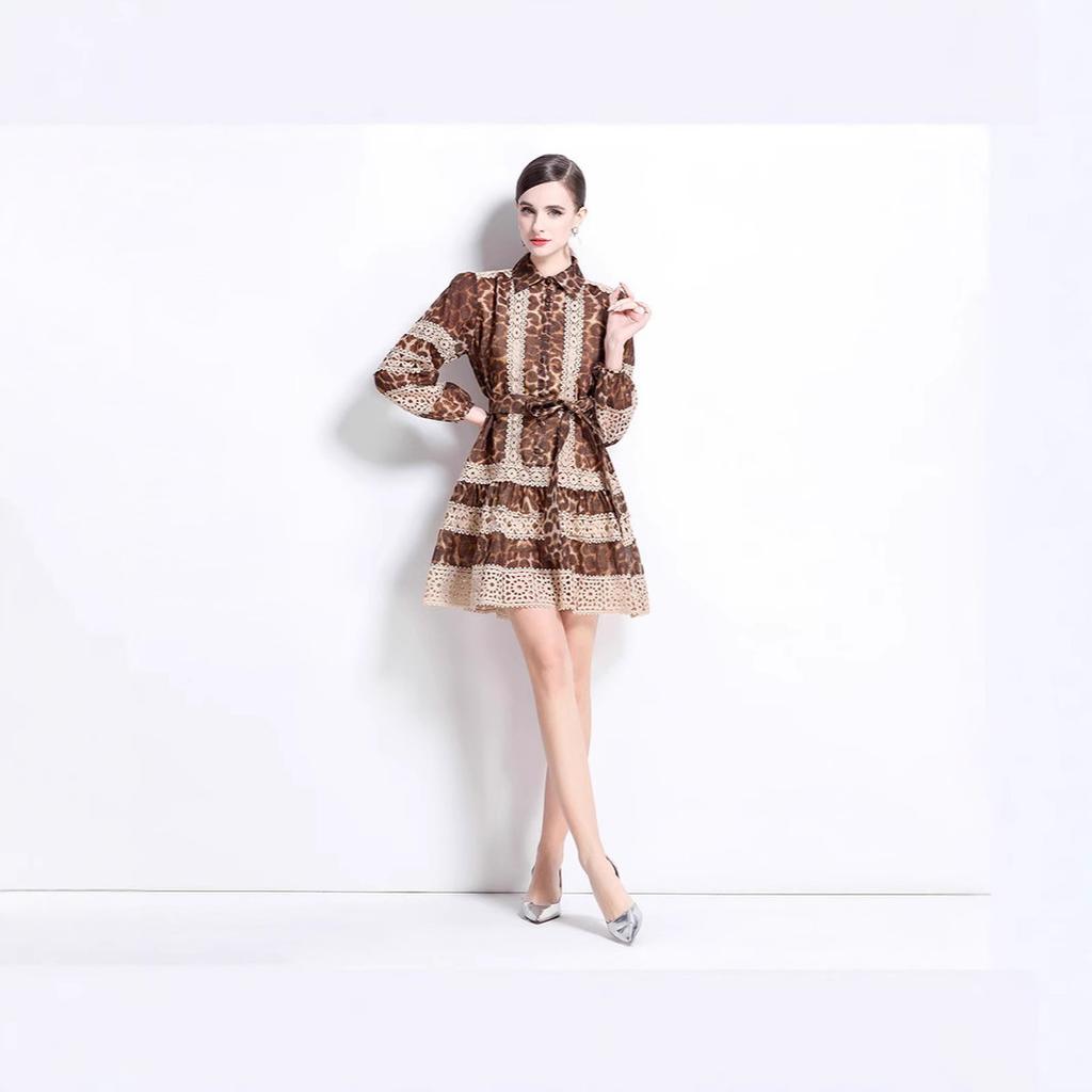 Spring/summer new long-sleeve vintage cutout lace patchwork leopard print short skirt loose dress for women