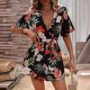 Foreign Trade Beach Vacation Wind Lotus Leaf Sleeve Cross Neck Belt Short Culottes Women's Loose Printed Jumpsuit Women's
