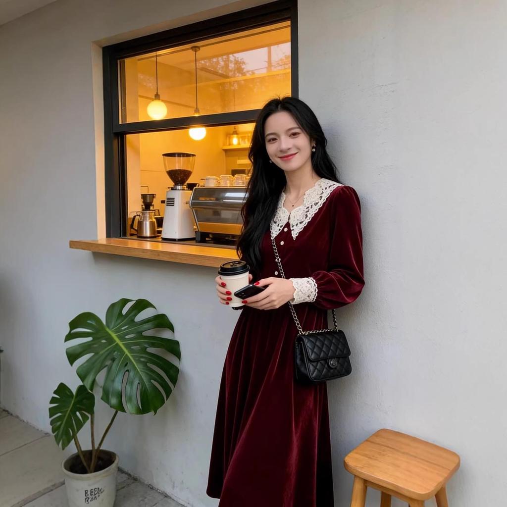 Velvet Midi Dress for Women - Waist-Cinched, Slimming, Plus Size, Thickened, Fleece-Lined, Casual Autumn/Winter Wear.